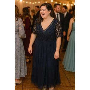 Papell Studio 4 Navy Blue Beaded Sequin Formal Maxi‎ Dress Wedding Party Glam